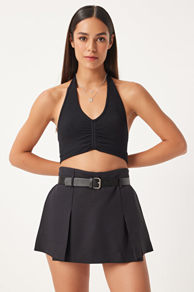 Happiness İstanbul Fekete öves redőzött női rövidnadrág szoknya - FN03236