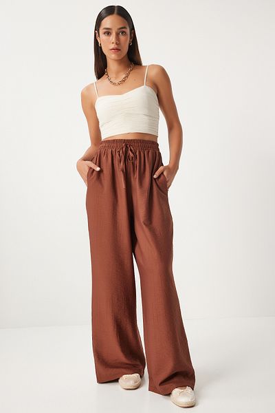 Happiness İstanbul Brown Comfortable Wide Leg Women's Trousers - Ayrobin DP00206