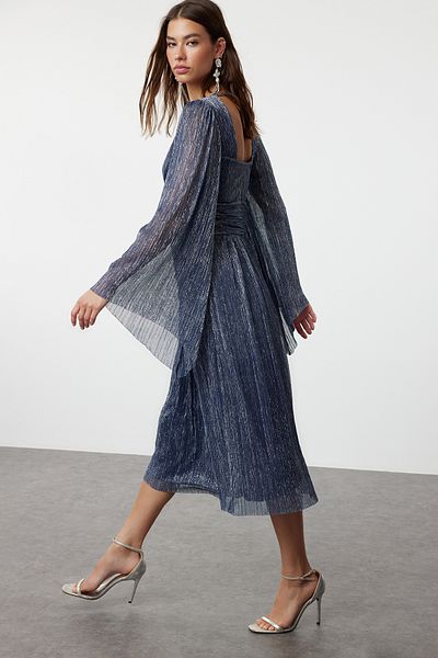 Trendyol Collection Μπλε Navy Blue V-Neck Glitter A-Cut Κομψό πλεκτό βραδινό φόρεμα - TPRSS24EL00179