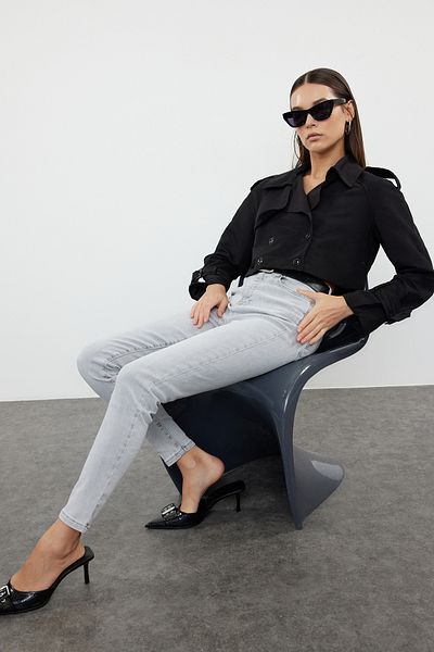 Trendyol Collection Blugi skinny gri lycra cu talie înaltă - TWOAW25JE00001