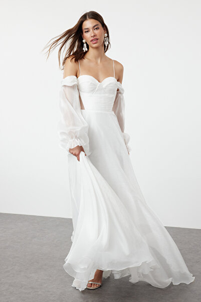 Trendyol Collection Ecru A-vonalú léggömb ujjú részletes tüll Maxi elegáns estélyi ruha hazatérő ruha TPRSS24AE00246