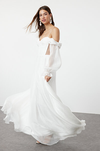 Trendyol Collection Ecru A-vonalú léggömb ujjú részletes tüll Maxi elegáns estélyi ruha hazatérő ruha TPRSS24AE00246