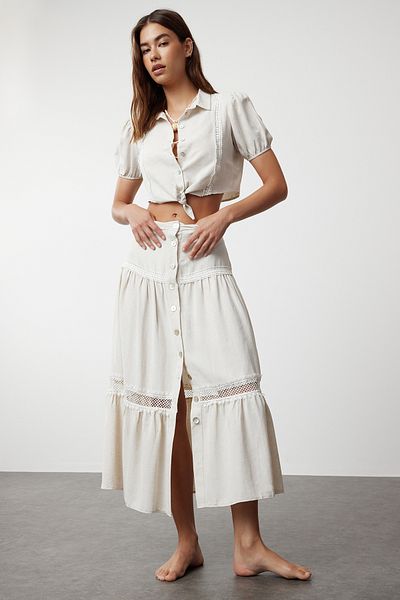 Trendyol Collection Μπεζ υφαντό δέσιμο λινό μπλούζα παραλίας TBESS24BZ00011