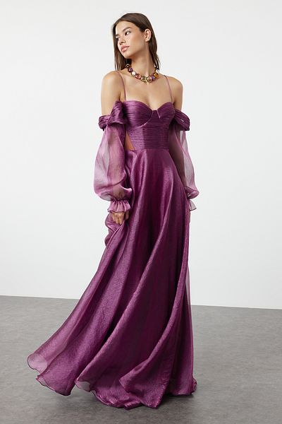 Trendyol Collection Fuchsiové dlouhé tylové večerní šaty - TPRSS24AE00246