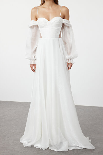 Trendyol Collection Ecru A-vonalú léggömb ujjú részletes tüll Maxi elegáns estélyi ruha hazatérő ruha TPRSS24AE00246