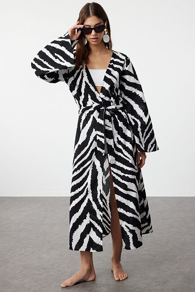 Trendyol Collection Zebra Patterned Belted Maxi Kimono and Caftan - 100% Cotton TBESS24KM00014