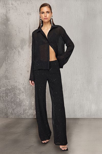 Trendyol Collection Glitzernde schwarze Chiffonhose – gefüttert, gewebt, TPRSS24PL00009
