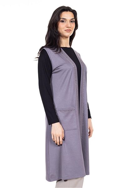 Mutlu City Middle Age and Above Lycra Stone Embroidered Women's Long Vest with Pockets - 24203