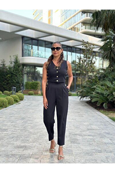 Forlady4 Gold Brand Black Vest and Trousers Set - Snap Fasteners