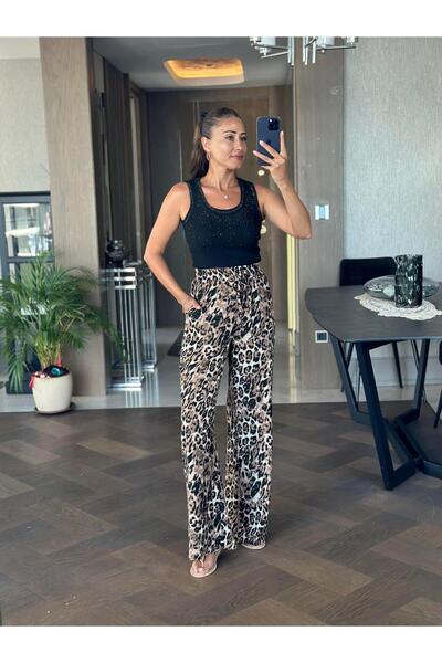 Forlady4 Black Leopard Patterned Women's Trousers with Elastic Waist and Pockets