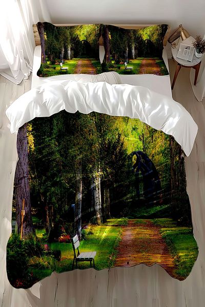 3D ELSE HALI Forest Bench Patterned Satin Cotton Double Duvet Cover Set