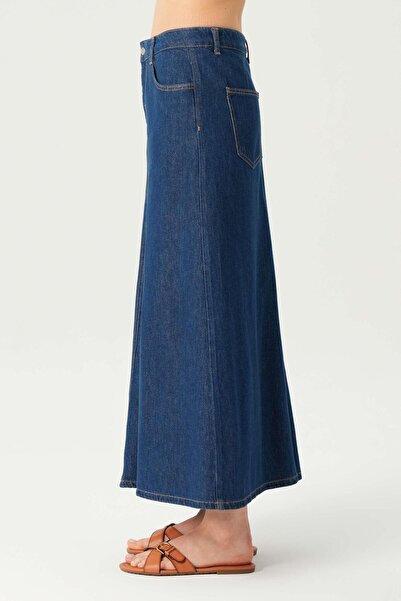 CROSS JEANS Koyu Mavi Yüksek Bel Patı Fermuarlı Maxi Jean Etek C 4532-057
