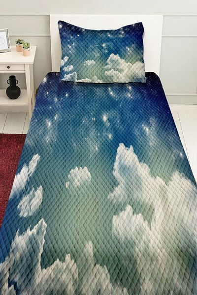 3D ELSE HALI Single Decorative Bedspread - White Blue Clouds Patterned Printed, Padded Pique Set