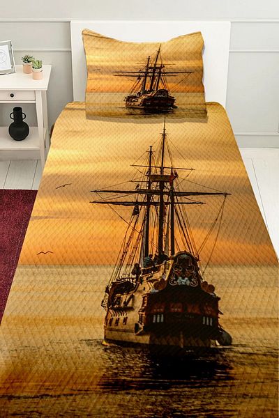 3D ELSE HALI Ship Patterned Printed Bedspread - Single and Padded Pique Set