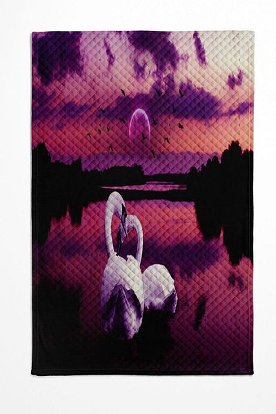 3D ELSE HALI Double Decorative Bedspread - Purple and White Swans Patterned Printed Pique Set