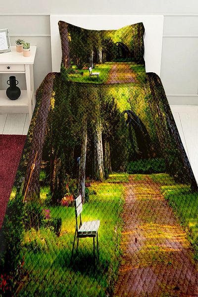 3D ELSE HALI Forest Bench Pattern Printed - Single Decorative Bed Pique Set