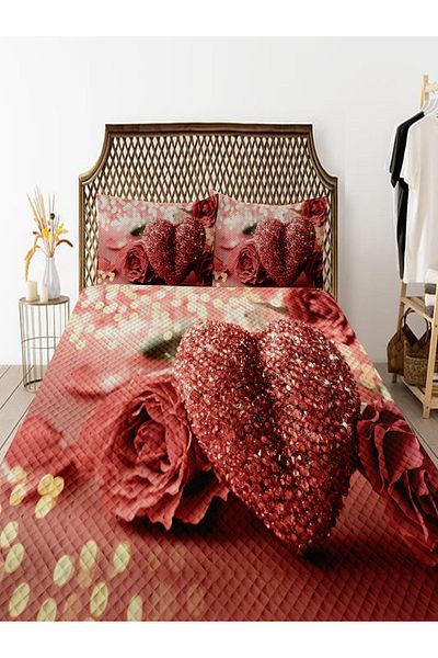 3D ELSE HALI Pink Diamond Patterned Bedspread - Double, Heart and Pillows Pique Set