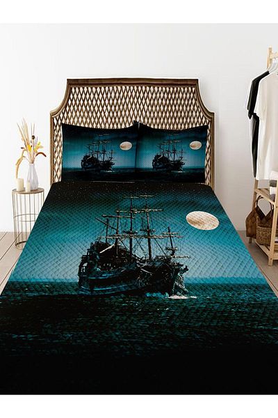 3D ELSE HALI Sea Ship Patterned Black Blue Bedspread - Double, Padded Pique Set