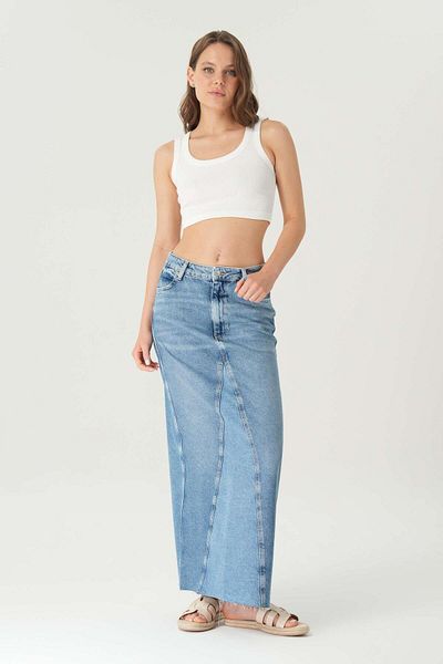 CROSS JEANS High Waist and Zipper Color Block Maxi Jean Skirt - Slit, Cut Hem C 4532-055