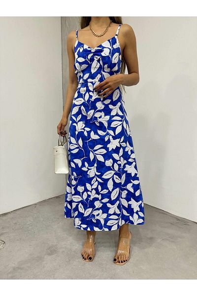MsLena Butik Rochie de vară lungă cu fermoar cu imprimeu floral albastru - Bretele de frânghie și spate elastic Mi365-10746