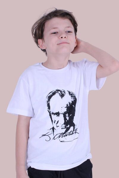 panios kids Atatürk Imzalı Ve Baskılı Unisex Çocuk Beyaz Tişört
