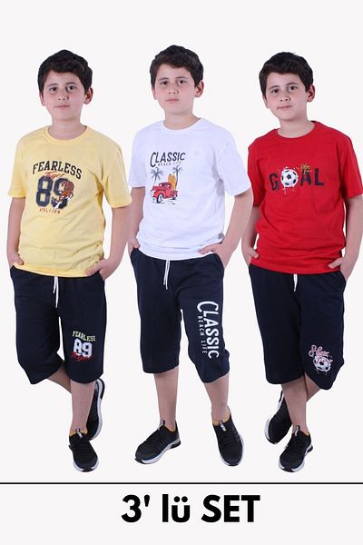 panios kids PANİOS KİDS 3-PACK BOY T-SHIRT-CAPRY PRINTED BOTTOM-TOP SET