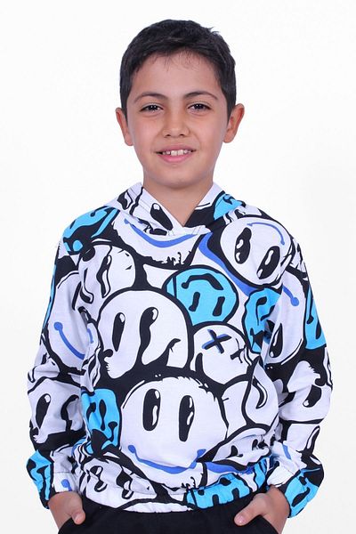 PANİO KİDS Hanorac unisex cu glugă cu model Emoji albastru cu 2 fire