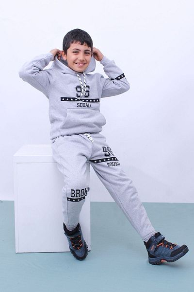 PANİO KİDS 96 Text Printed Kangaroo Pocket Hooded Boy's Bottom-Top Tracksuit Set
