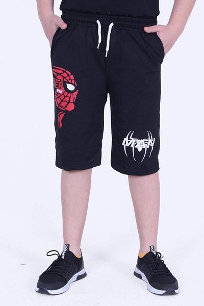 PANİO KİDS Der-man Text Printed Wide Leg Double Pocket Boy's Black Capri