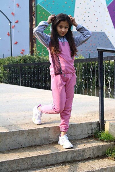 PANİO KİDS 79 Σετ φόρμας με στάμπα γκρι-ροζ με κουκούλα