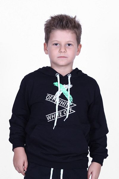 PANİO KİDS Черен суитшърт с качулка и кенгуру джоб X Printed