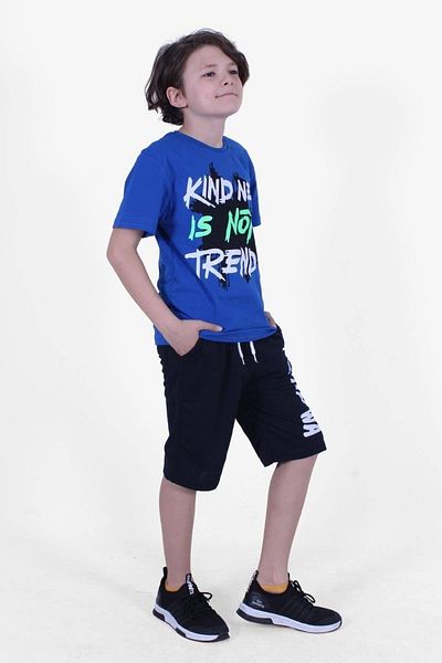 PANİO KİDS Is Not Text Printed Indigo Capri Boy's Bottom-Top κοστούμι