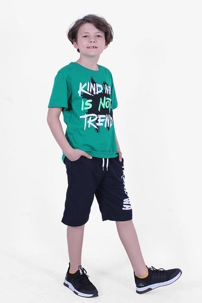 PANİO KİDS Is Not Text Printed Green Capris Boy's Bottom-Top Σετ