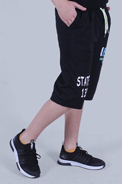 PANİO KİDS Iba Text Printed Double Pocket Detailed Boy's Black Capri Shorts