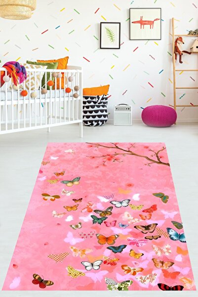on the clouds Pembe Zemin Renkli Kelebekler Yıkanabilir Kaymaz Taban Leke Tut...