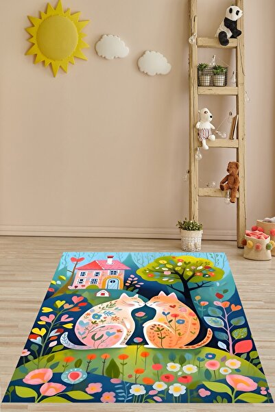 on the clouds Çiçek Kediler Yıkanabilir Kaymaz Taban Leke Tutmaz Çocuk Odası ...