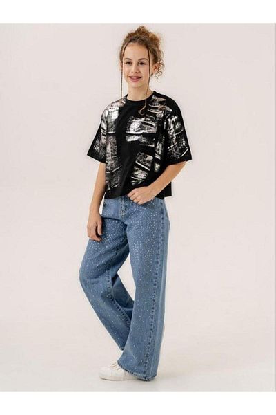 Zekids Stone Detailed Wide Leg Girl's Denim Trousers