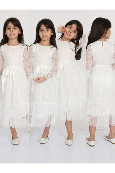 ARBİ kids White Polka Dot Girl's Dress with Belt - for Wedding, Birthday and Graduation