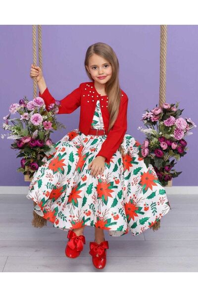 SAKURA ÇOCUK Kız Çocuk Kırmızı Saten Elbise Ve Ceket Pamuk Astarlı Ve Kemerli