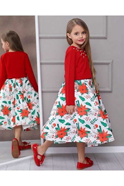 SAKURA ÇOCUK Kız Çocuk Kırmızı Saten Elbise Ve Ceket Pamuk Astarlı Ve Kemerli