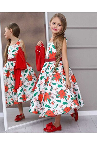 SAKURA ÇOCUK Kız Çocuk Kırmızı Saten Elbise Ve Ceket Pamuk Astarlı Ve Kemerli
