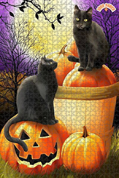 Teona Ahşap Kara Kediler Ve Cadılar Bayramı Bal Kabakları Çift Katlı Çerçevel...