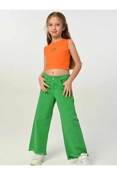 Çikoby Girl's High Waist Green Mom Jeans with Tassel Leg Detail