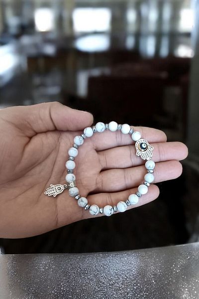 MGA DOĞAL TAŞ Natural Stone Howlite Bracelet - Hamsa Fatma Mother Hand, Evil Eye Bead Model