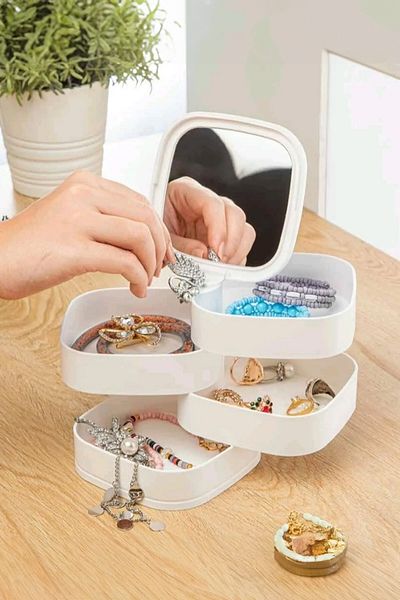 Emofom 4 Tiers Mirrored Jewelry Organizer - 360 Degree Rotatable Makeup Organizer Box