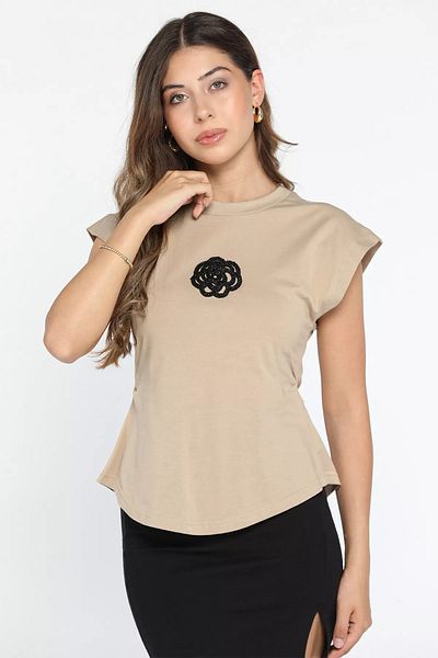 GÜLSELİ Tricou de damă cu mărgele cu cleme laterale bej - decolteu