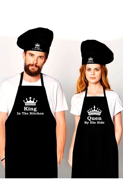 enmalife King Quen White Printed 2-piece Black Kitchen Apron and Chef Hat Set