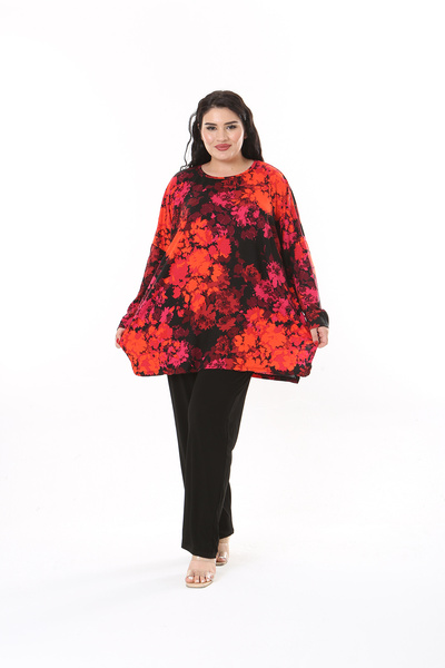 XL Modam Κόκκινο Μαύρο Σετ Τουνίκ και Παντελόνι από Λύκρα Βισκόζη Μεγάλου Μεγέθους