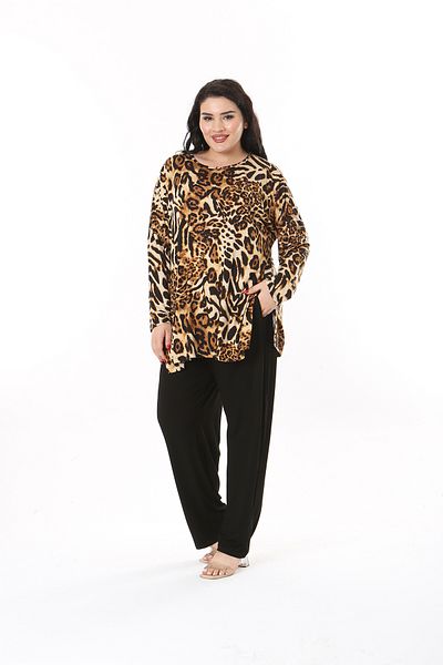 XL Modam Plus Size Leopard Print Black Tunic and Lycra Viscose Trousers Set