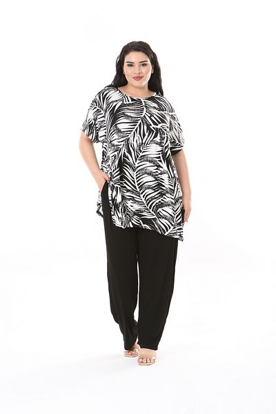 XL Modam Plus Size White Black Patterned Lycra Viscose Tunic and Trousers Set